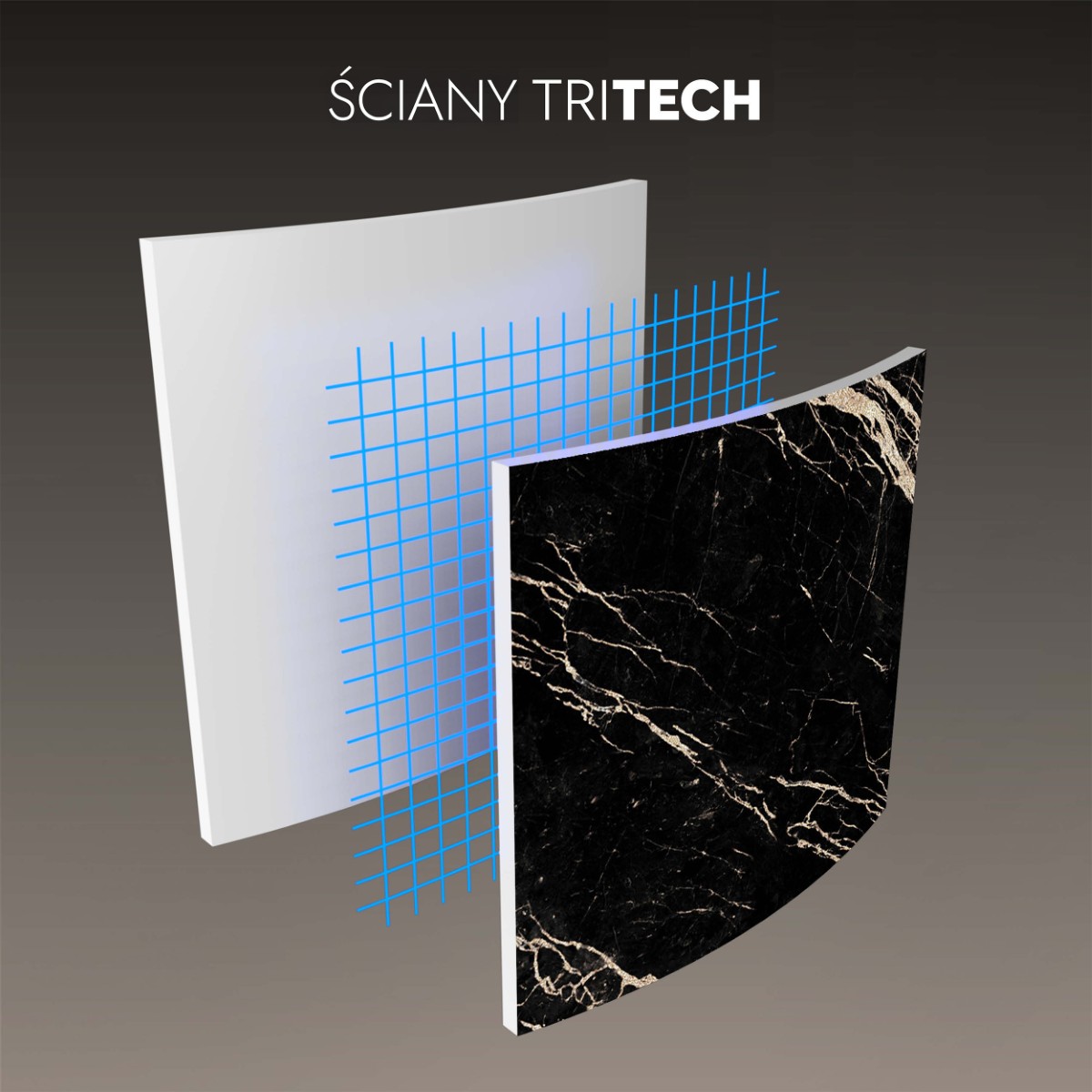 Trzy warstwy materiału: zewnętrzną z wzorem marmuru, środkową z niebieską siatką poliestrową oraz wewnętrzną, białą warstwę PVC.
